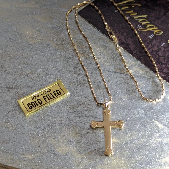Antique Cross Necklace KIRNER's 12k Gold Filled Religious Faith Statement Signed - Picture 14 of 16